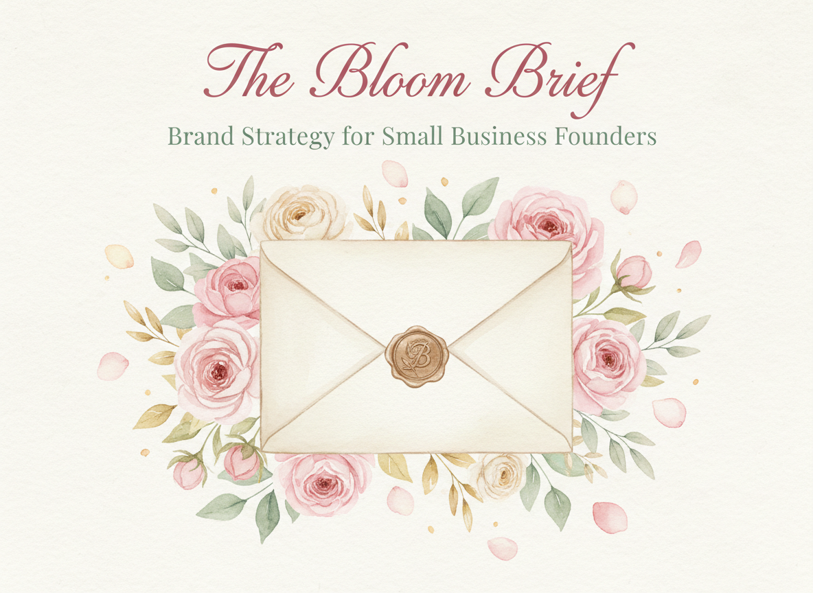 A beautiful, elegant newsletter cover image for "The Bloom Brief" — a brand strategy newsletter for small business founders. Soft watercolor style with botanical elements like blooming flowers, delicate leaves and petals in blush pink, sage green, and warm cream tones. A vintage-inspired envelope or folded letter sits at the center, surrounded by scattered florals. Warm, inviting, feminine but professional. Light background.